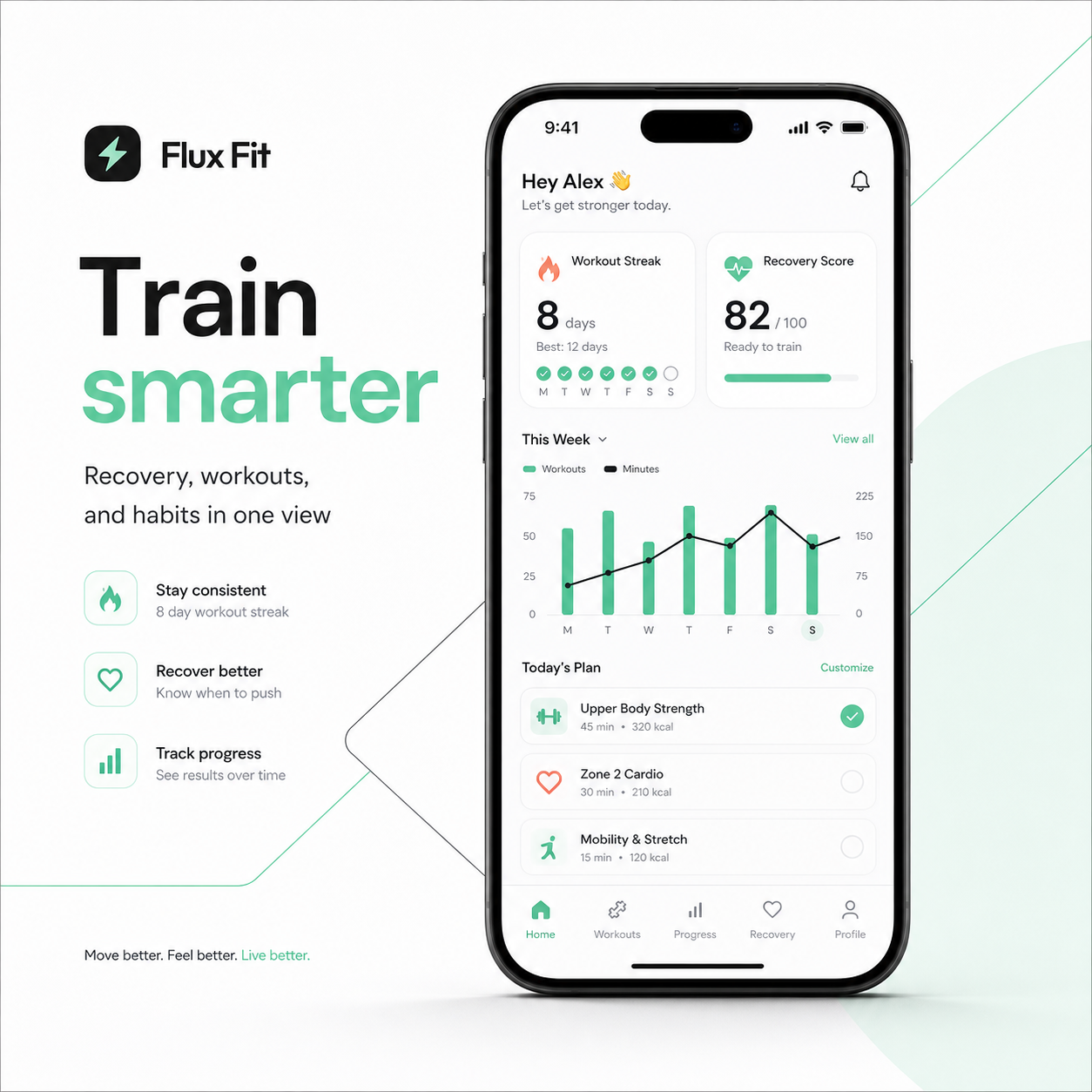 Flux Fit app store screenshot with a full phone frame and fitness dashboard