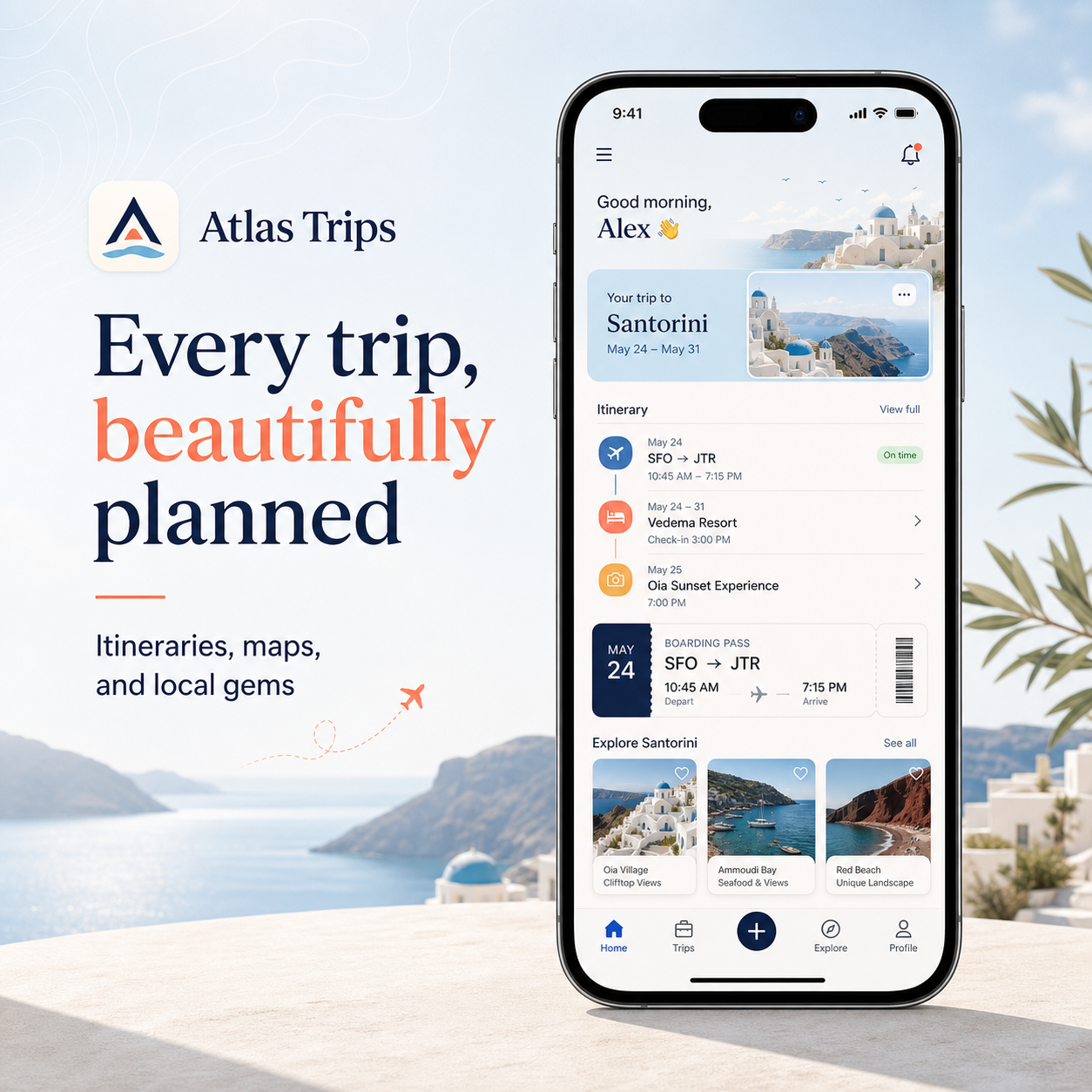 Atlas Trips app store screenshot with a full phone frame and travel itinerary dashboard
